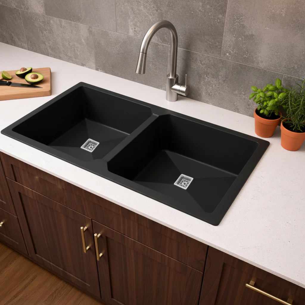 Belluxury™ NoirX Quartz Luxe Double Bowl Sink – Obsidian Black Edition (37 x 18 x 10 Inches)