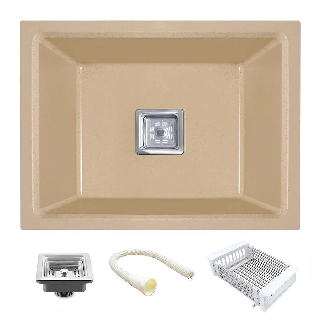Belluxury™ Ivorya Elite Quartz Luxe Single Bowl Sink – Sandstone Beige Edition (24 x 18 x 10 Inches)