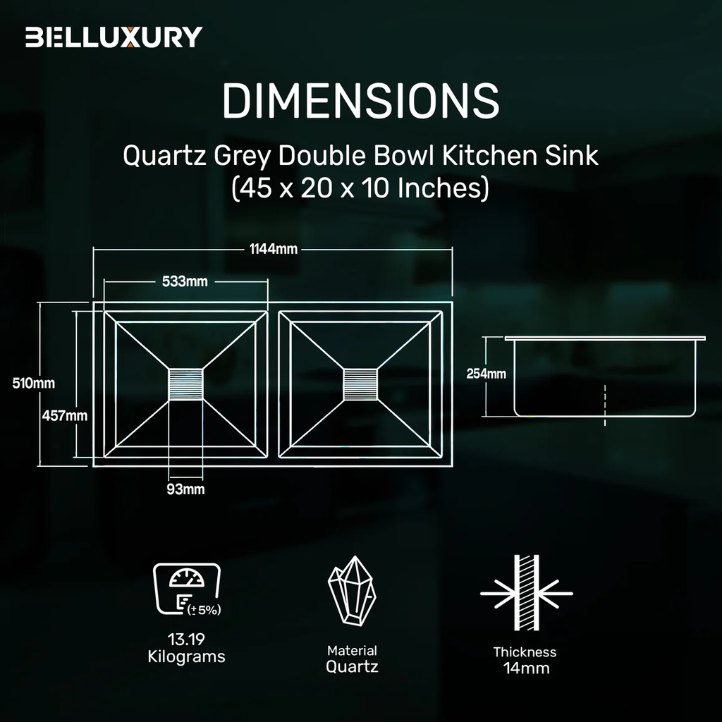 Belluxury™ TitanGrey Quartz Luxe Double Bowl Sink – Urban Stone Finish (45 x 20 x 10 Inches)