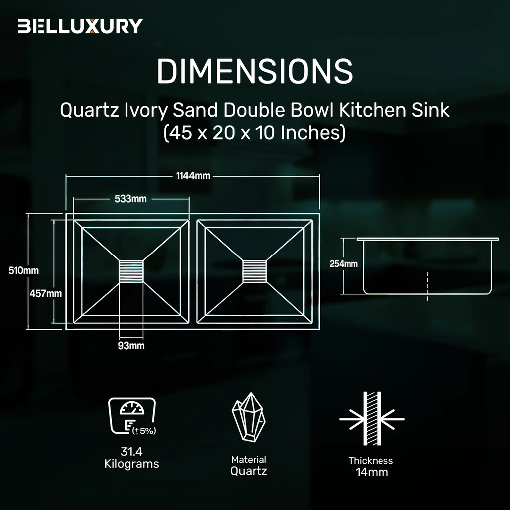Belluxury™ Ivorya Sandstone Quartz Luxe Double Bowl Sink – Royal Beige Edition (45 x 20 x 10 Inches)