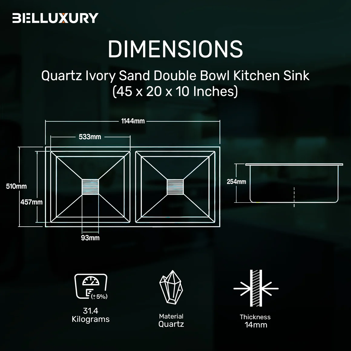 Belluxury™ Ivorya Sandstone Quartz Luxe Double Bowl Sink – Royal Beige Edition (45 x 20 x 10 Inches)