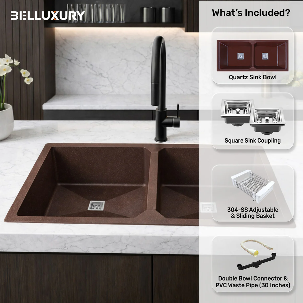 Belluxury™ Aurelia Quartz Luxe Double Bowl Kitchen Sink – Mocha Stone Finish (45 x 20 x 10 Inches)
