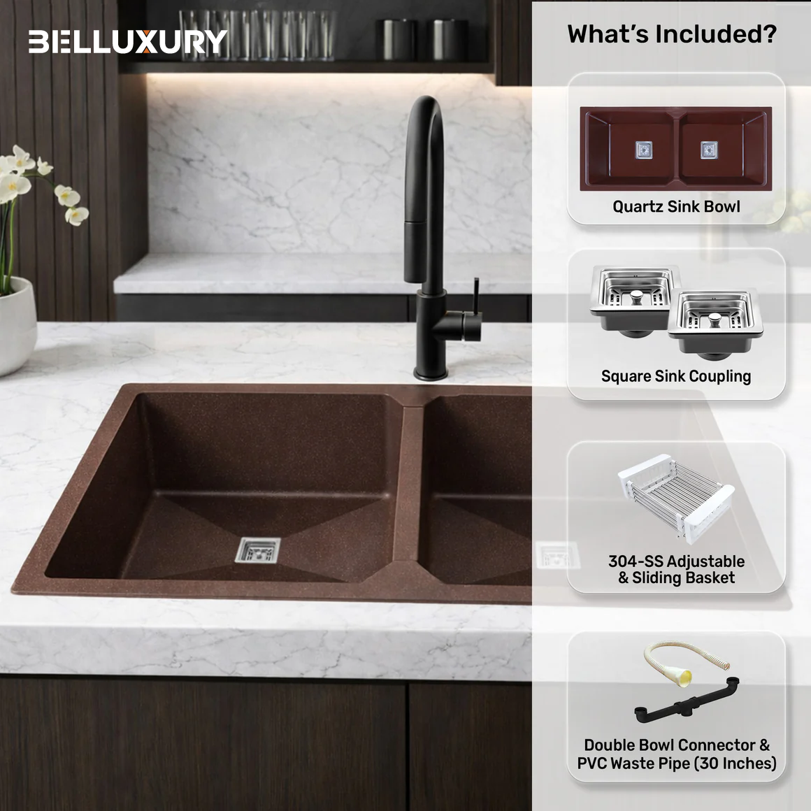 Belluxury™ Aurelia Quartz Luxe Double Bowl Kitchen Sink – Mocha Stone Finish (45 x 20 x 10 Inches)