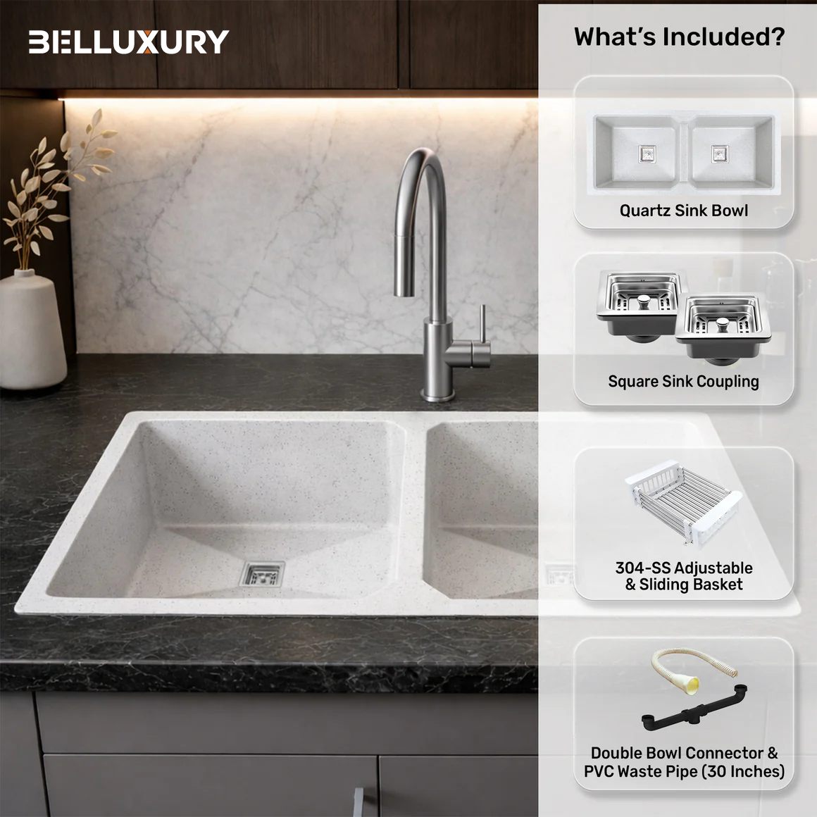 Belluxury™ Celestia Dotted Quartz Luxe Double Bowl Sink – StoneCraft Finish (45 x 20 x 10 Inches)
