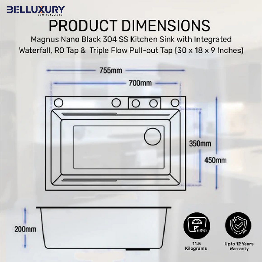 Belluxury AquaVault™ Elite – Smart Modular 304 Stainless Steel Kitchen Sink with Waterfall System, Pull-Out Faucet & Integrated RO Tap (30×18×9)