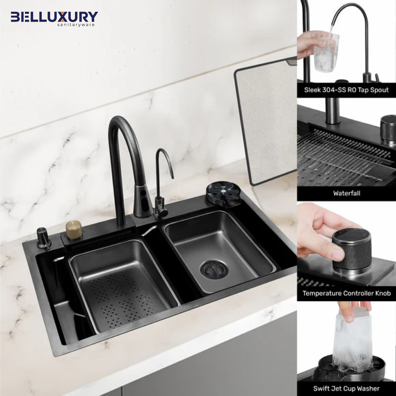 Belluxury AquaVault™ Elite – Smart Modular 304 Stainless Steel Kitchen Sink with Waterfall System, Pull-Out Faucet & Integrated RO Tap (30×18×9)