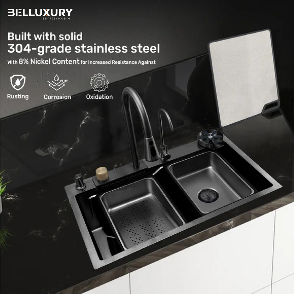 Belluxury AquaVault™ Elite – Smart Modular 304 Stainless Steel Kitchen Sink with Waterfall System, Pull-Out Faucet & Integrated RO Tap (30×18×9)