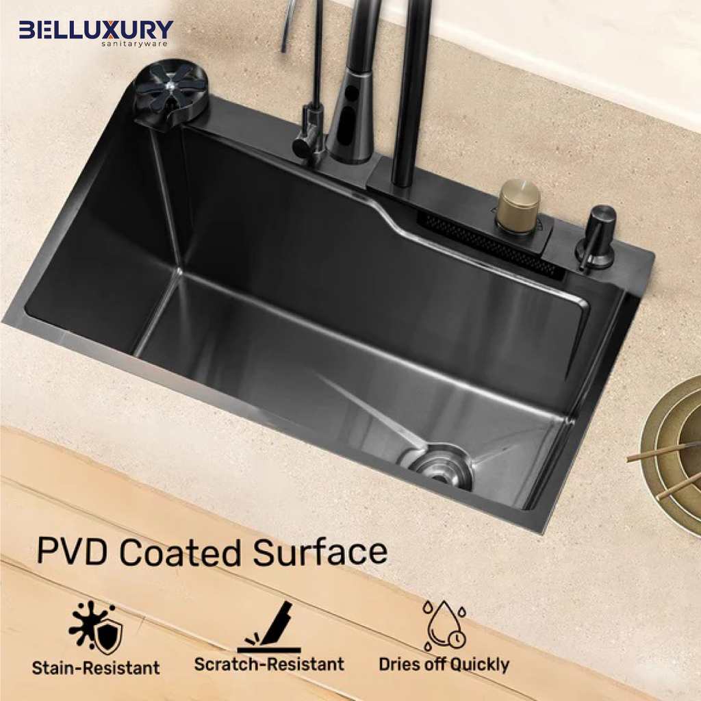 Belluxury AquaVault™ Elite – Smart Modular 304 Stainless Steel Kitchen Sink with Waterfall System, Pull-Out Faucet & Integrated RO Tap (30×18×9)