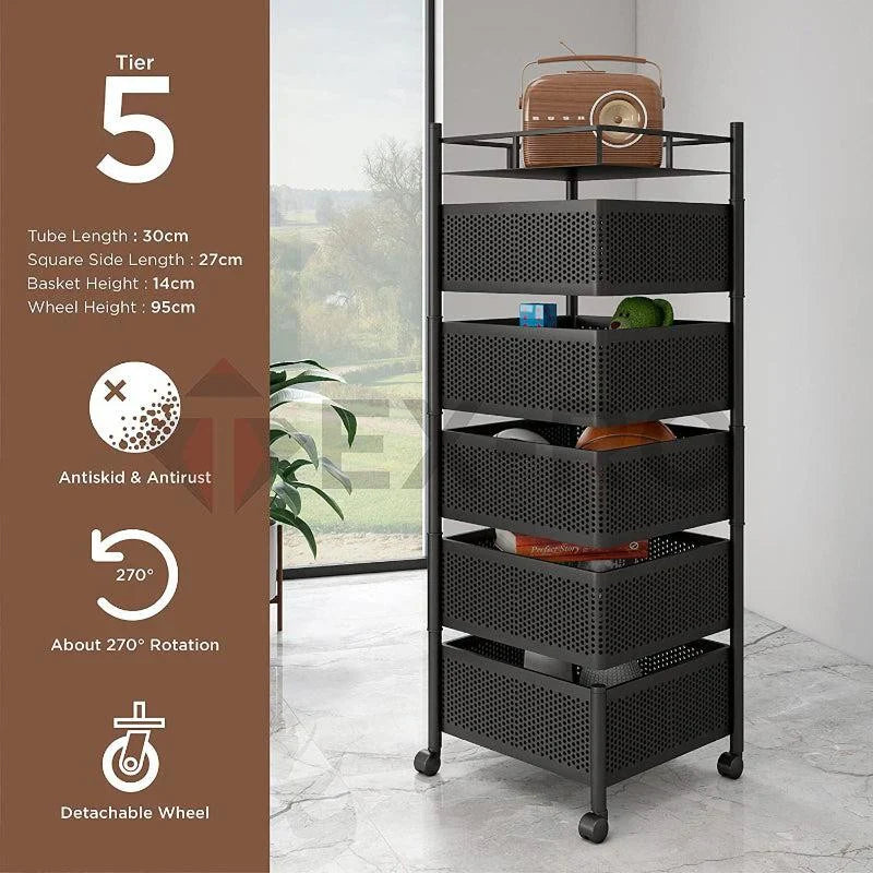 Belluxury Storage Rack | Layer Revolving Vegetable Kitchen Rack | Square Multipurpose Storage Trolley with Wheels | Metal Fruit Storage Rack | Kitchen Cabinet Spice Rack | Black